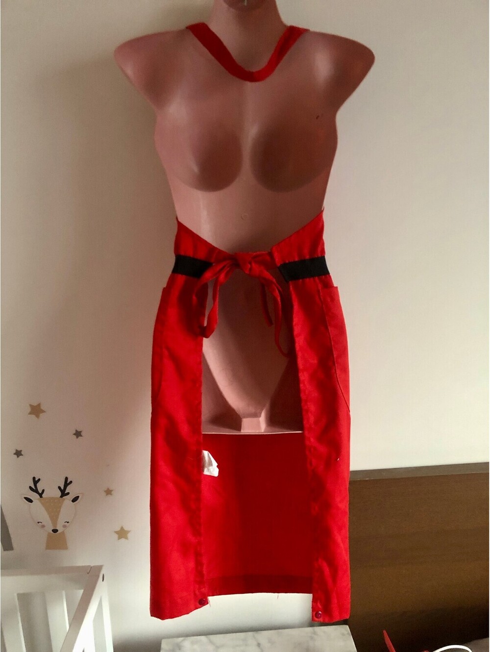 Mrs Claus Santa Apron Red Black Buttons Gold Belt Pockets ARCO Costume Christmas - Picture 4 of 7